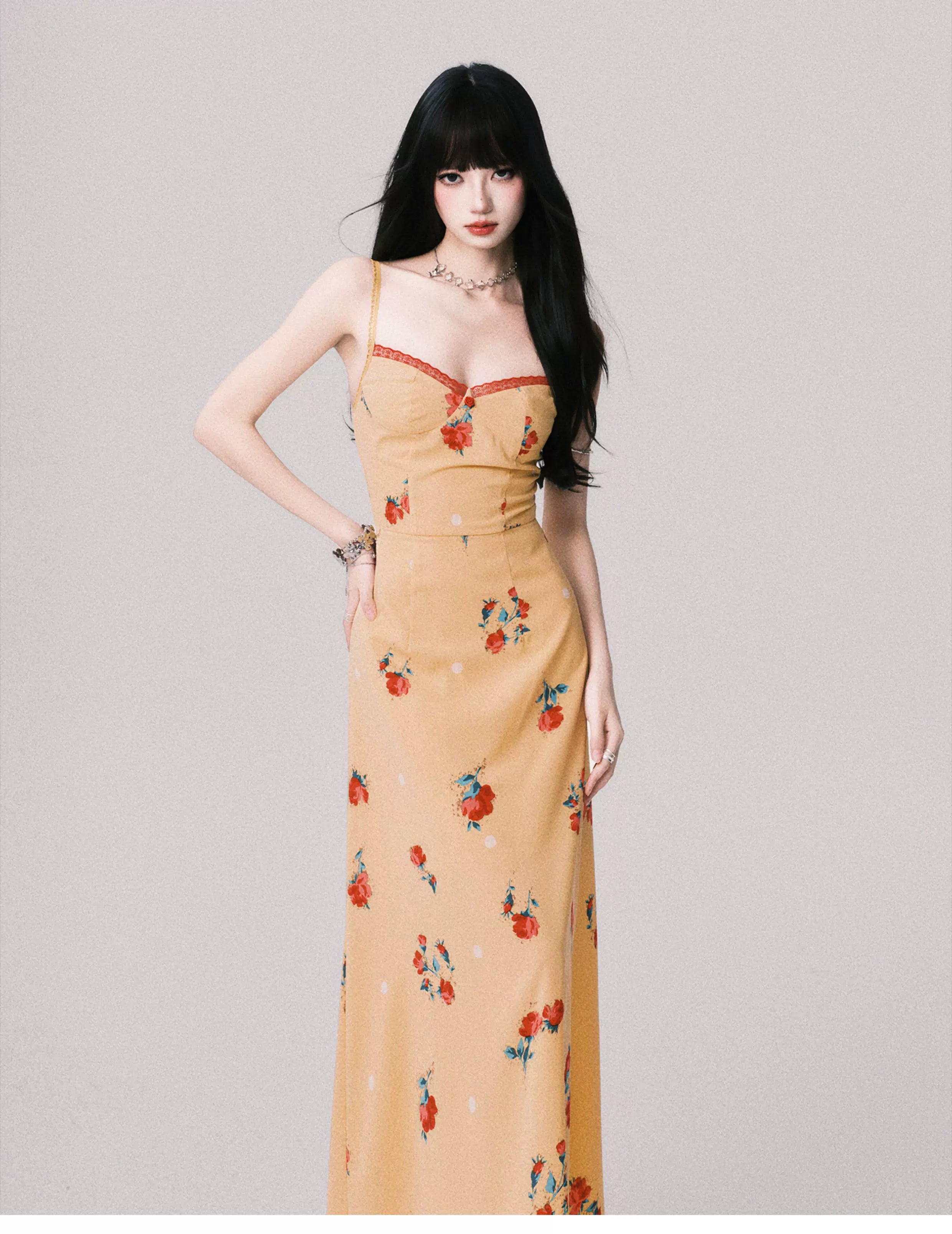 French V-Neck Floral Slip Maxi Dress