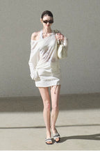 Asymmetric Wool-Modal Lightweight Off-Shoulder Knit T-shirt