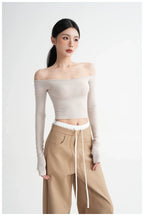 Off-Shoulder Cropped Fitted Long Sleeve T-Shirt