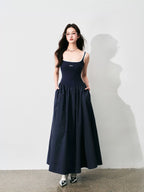 Contrast-Trim Backless Slip Maxi Dress