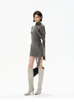 Minimalist Draped Turtleneck Knit Mini Dress with Tassel Ties