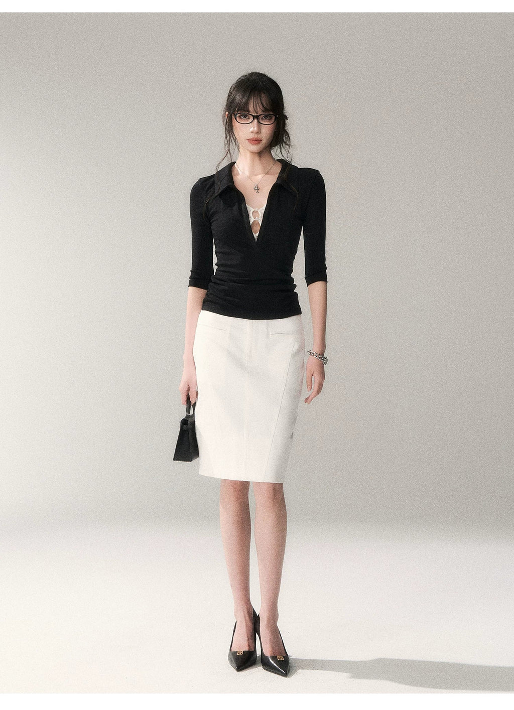 Black Lace Panel Faux-Layer Fitted Top