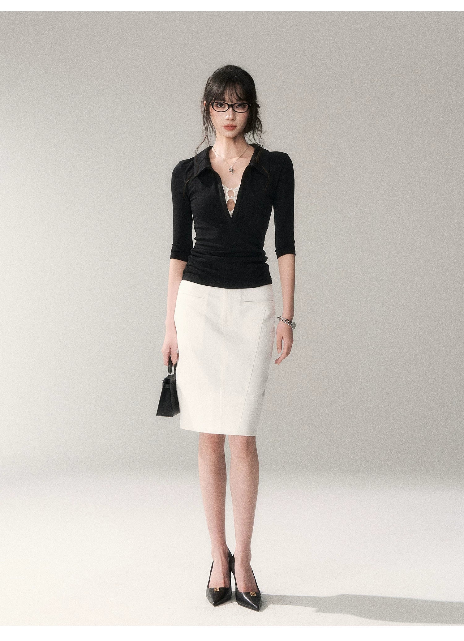 Black Lace Panel Faux-Layer Fitted Top
