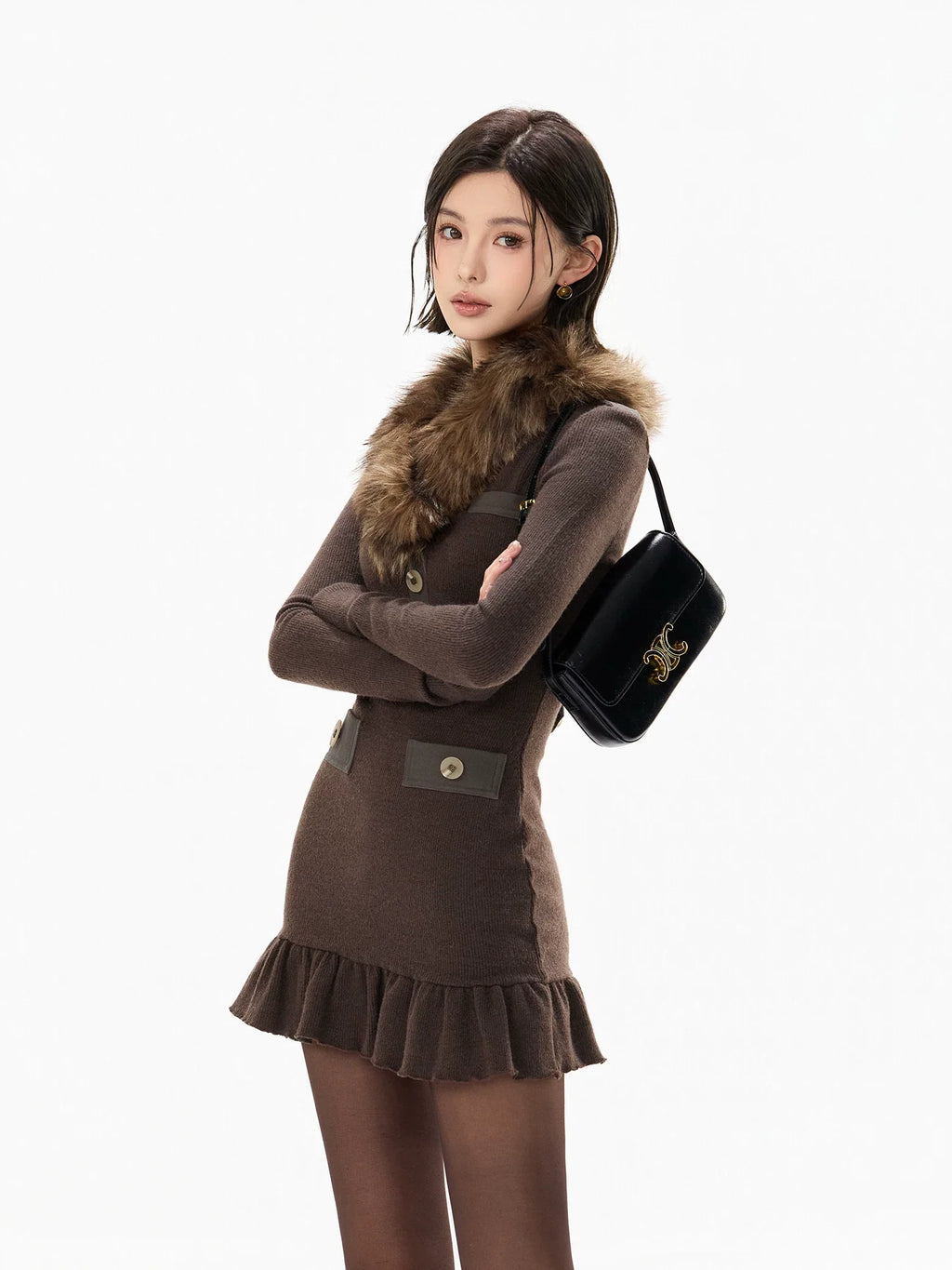 Cold Heiress Detachable Fur-Collar Mini Dress