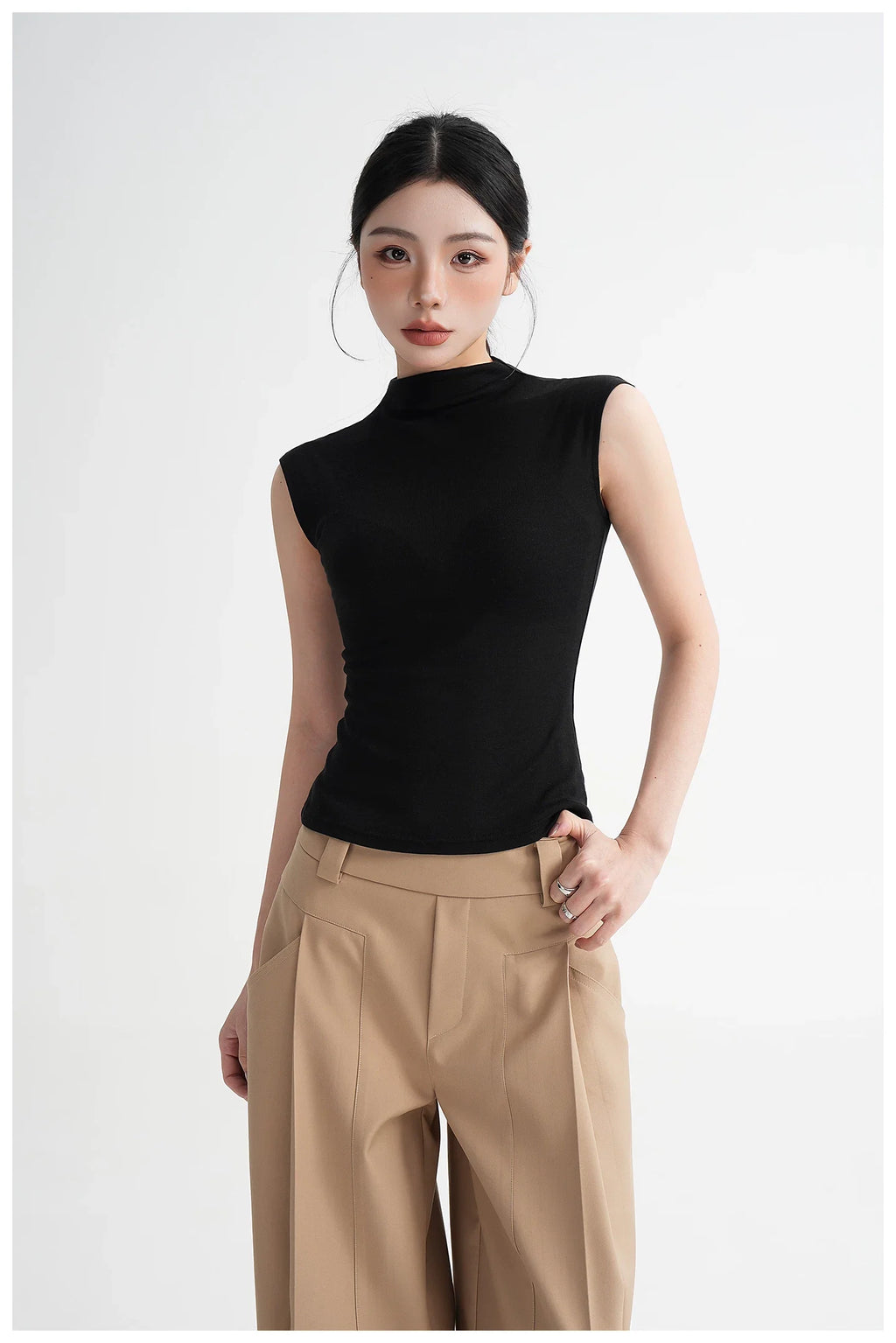 Silk Lyocell High-Neck Sleeveless Fitted T-Shirt