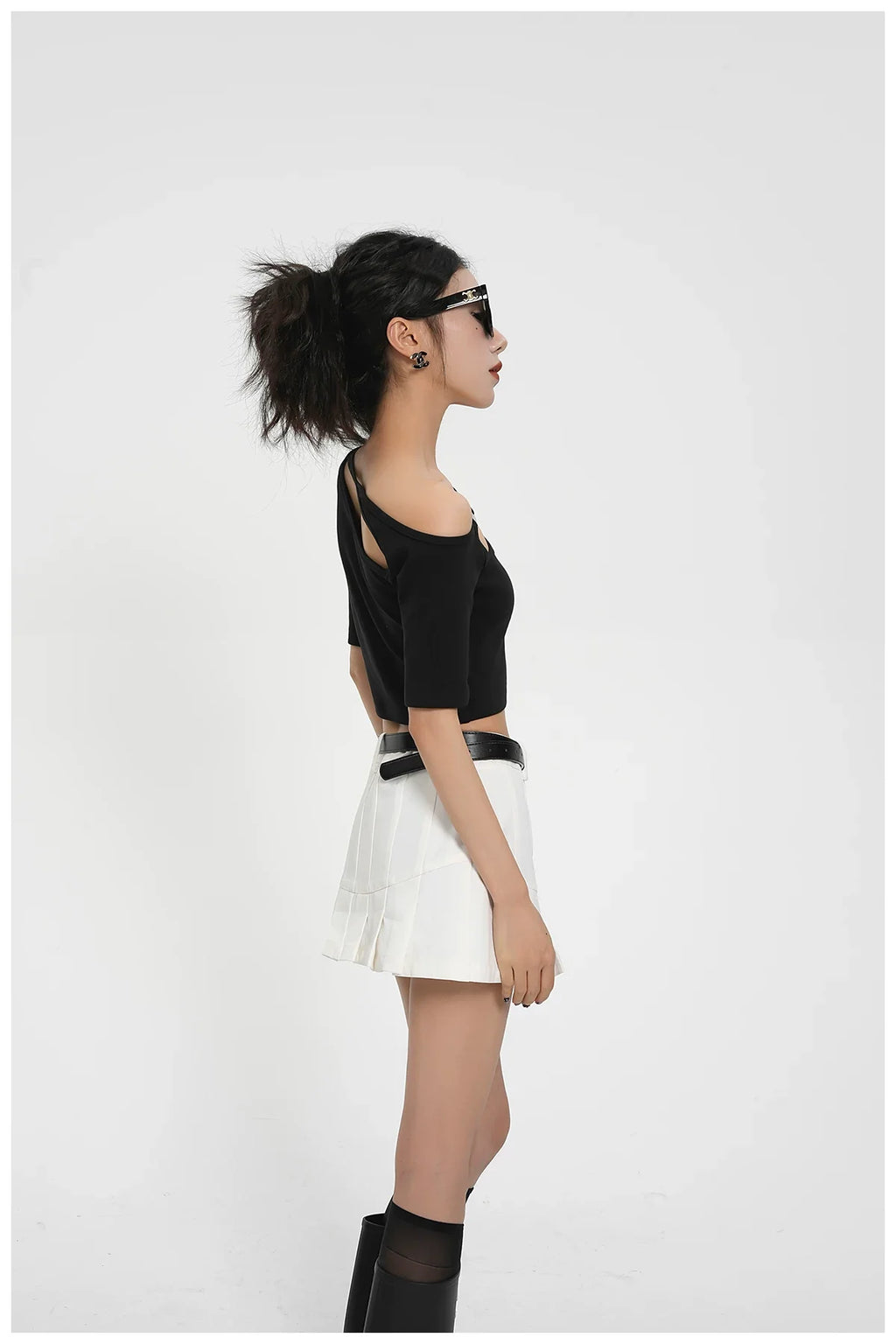 Asymmetric One-Shoulder Cropped Stretch T-Shirt