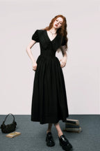 Puff-Sleeve Waist-Defined Maxi Dress