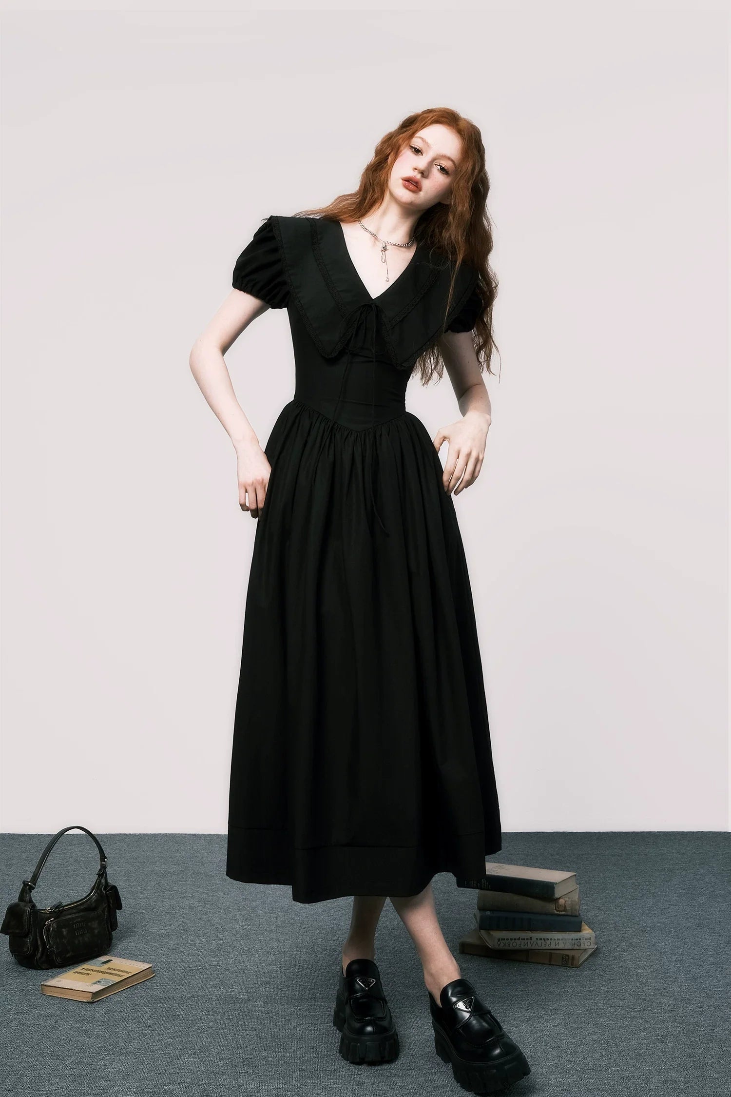 Puff-Sleeve Waist-Defined Maxi Dress