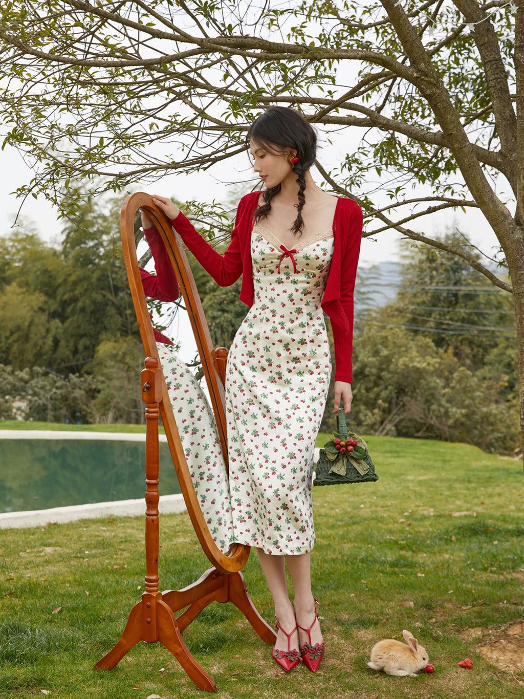 Vintage Satin Floral Slip Dress & Cardigan Set