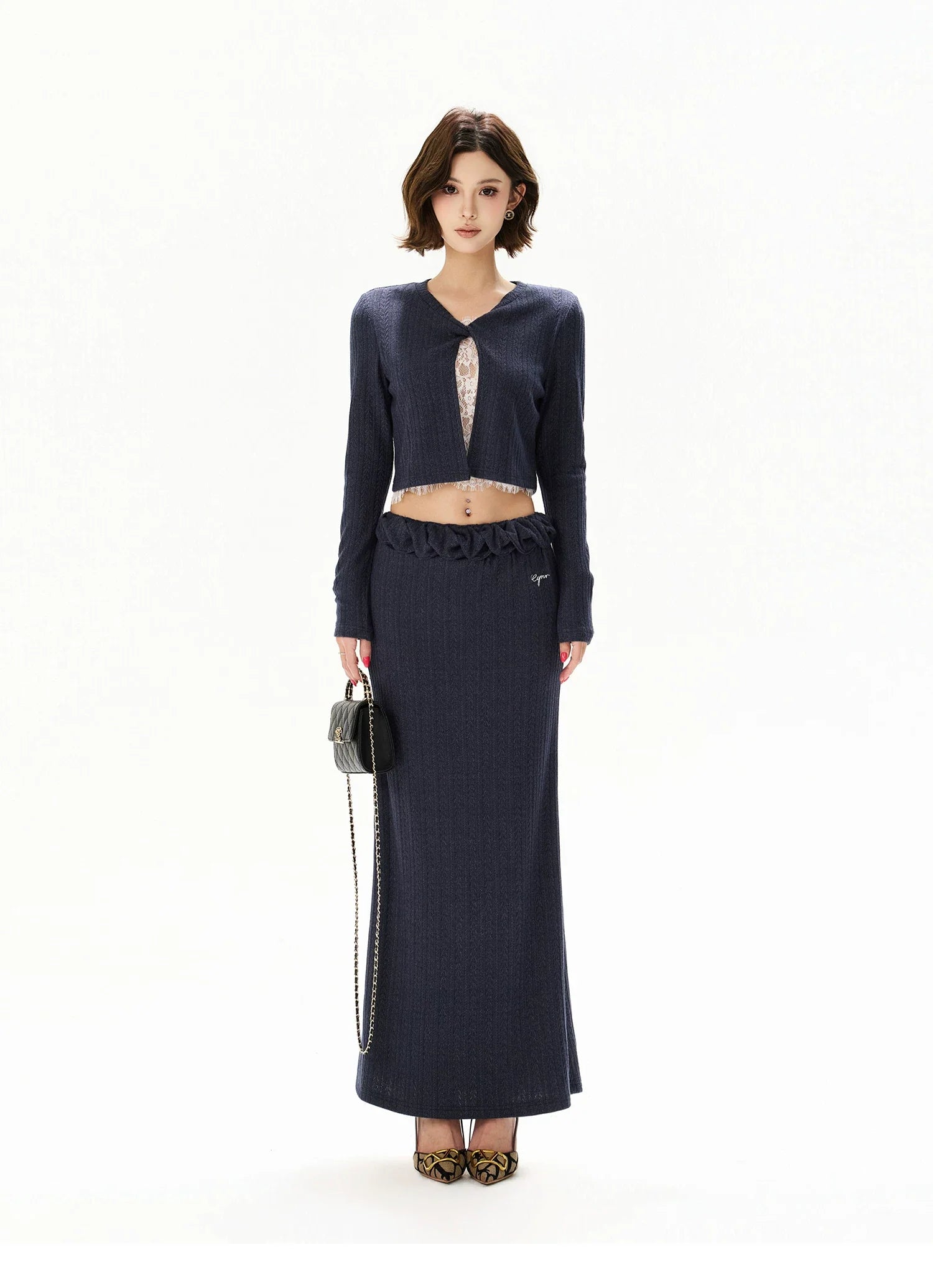 Navy Lace Panel Two-Piece Knit Set