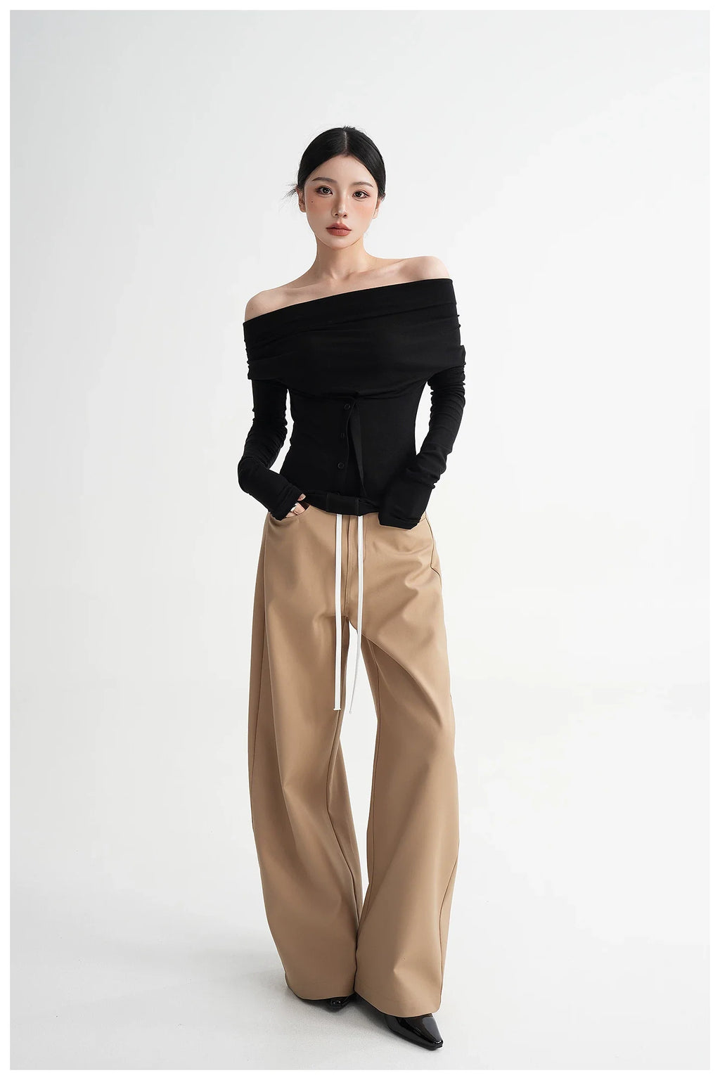 Neck Off-Shoulder Fitted Long Sleeve T-Shirt