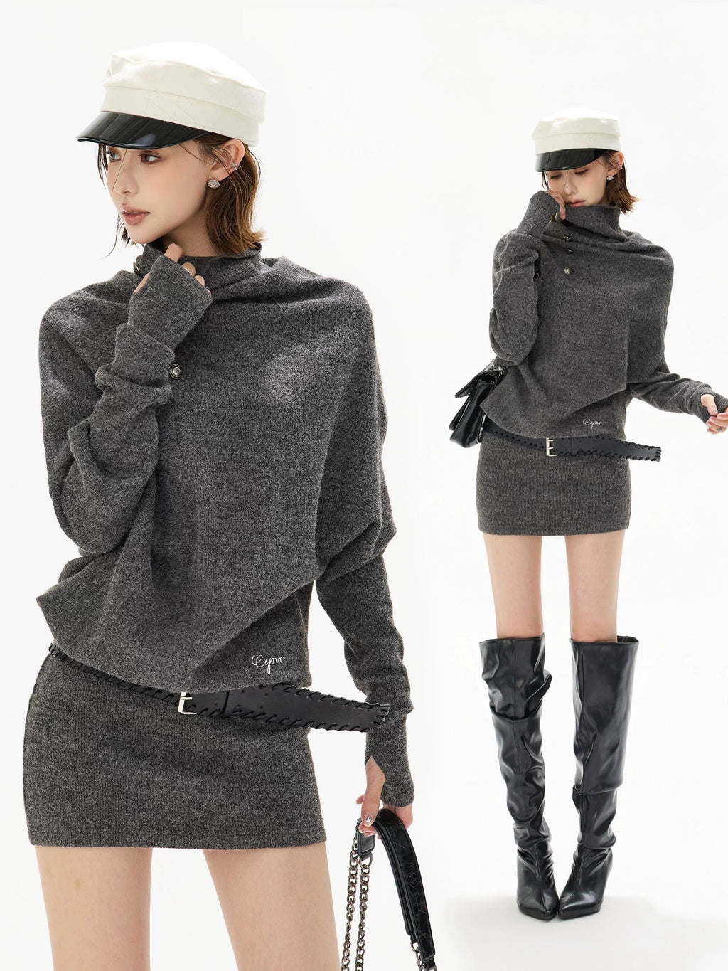 Cowl-Neck Wool Knit Mini Dress