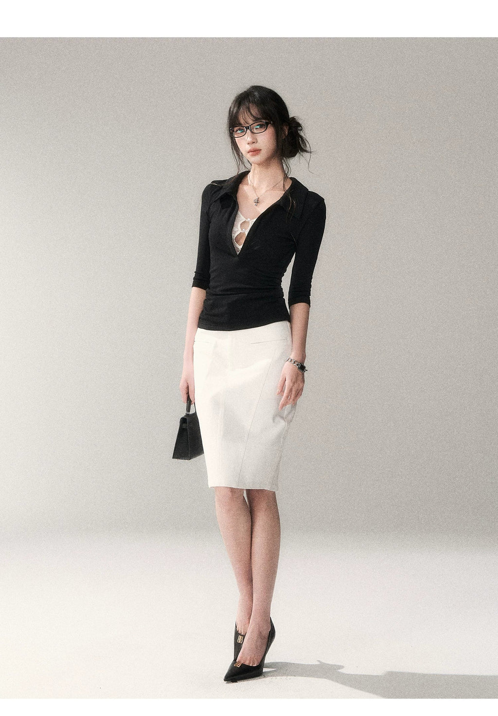 Black Lace Panel Faux-Layer Fitted Top