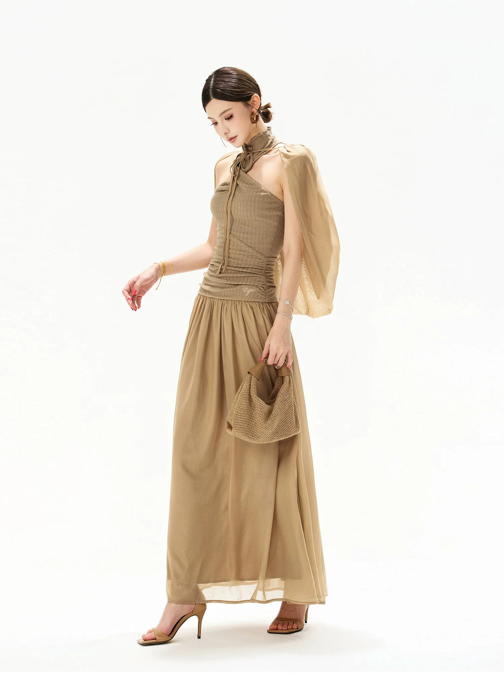 French Court Halter Draped Knit Maxi Dress
