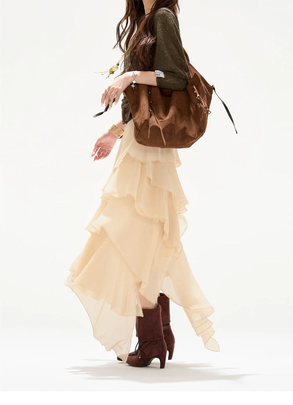 Faux-Belt Tiered Chiffon Maxi Skirt