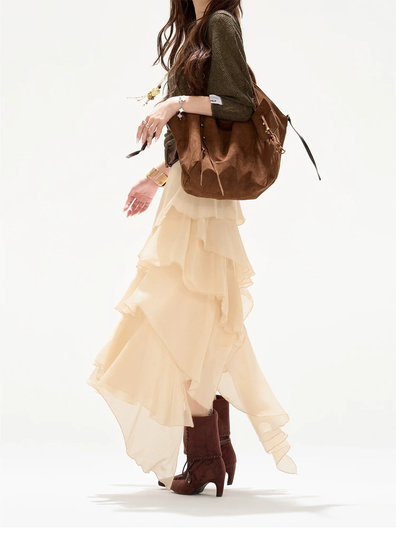 Faux-Belt Tiered Chiffon Maxi Skirt