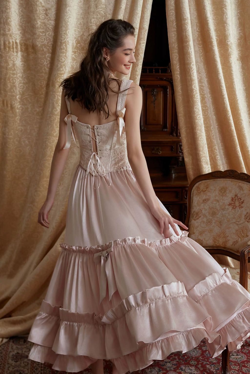 Jacquard Corset Top & Satin Ruffle Skirt Set