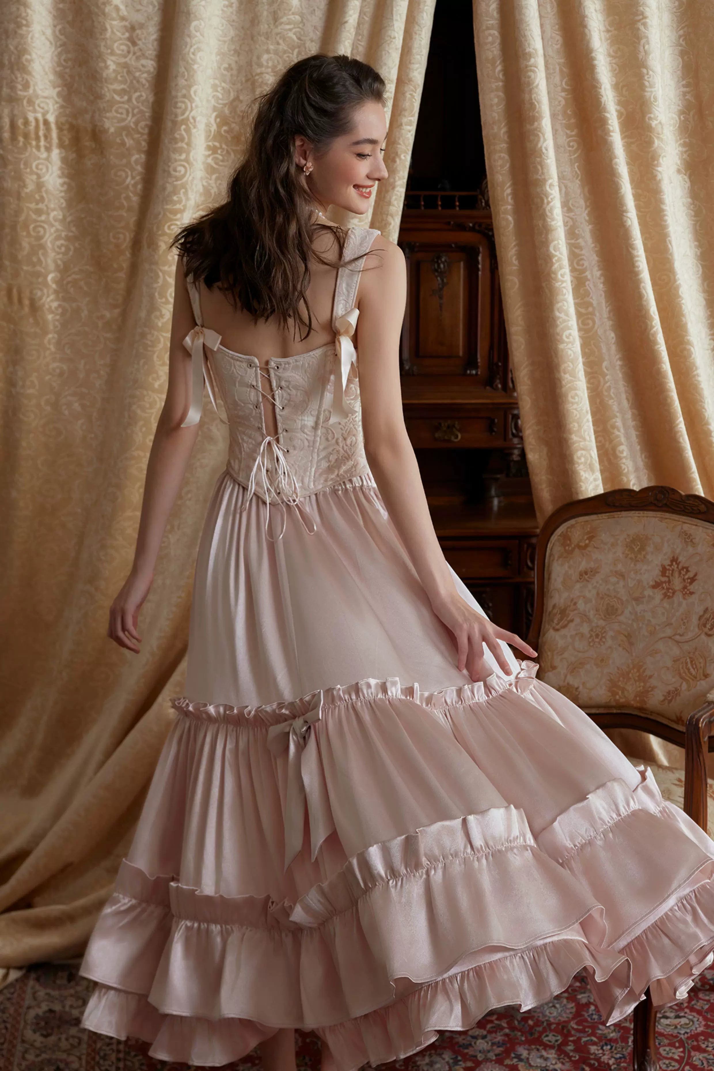 Jacquard Corset Top & Satin Ruffle Skirt Set