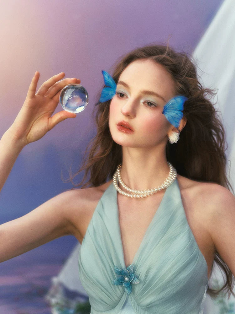 French Resort Halter Blue Floral Satin Dress