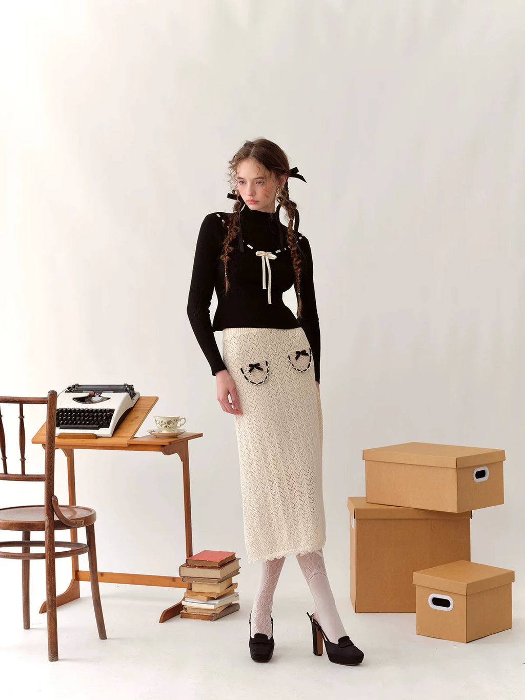 Collegiate White Mock-Neck Knit Top & Skirt Set