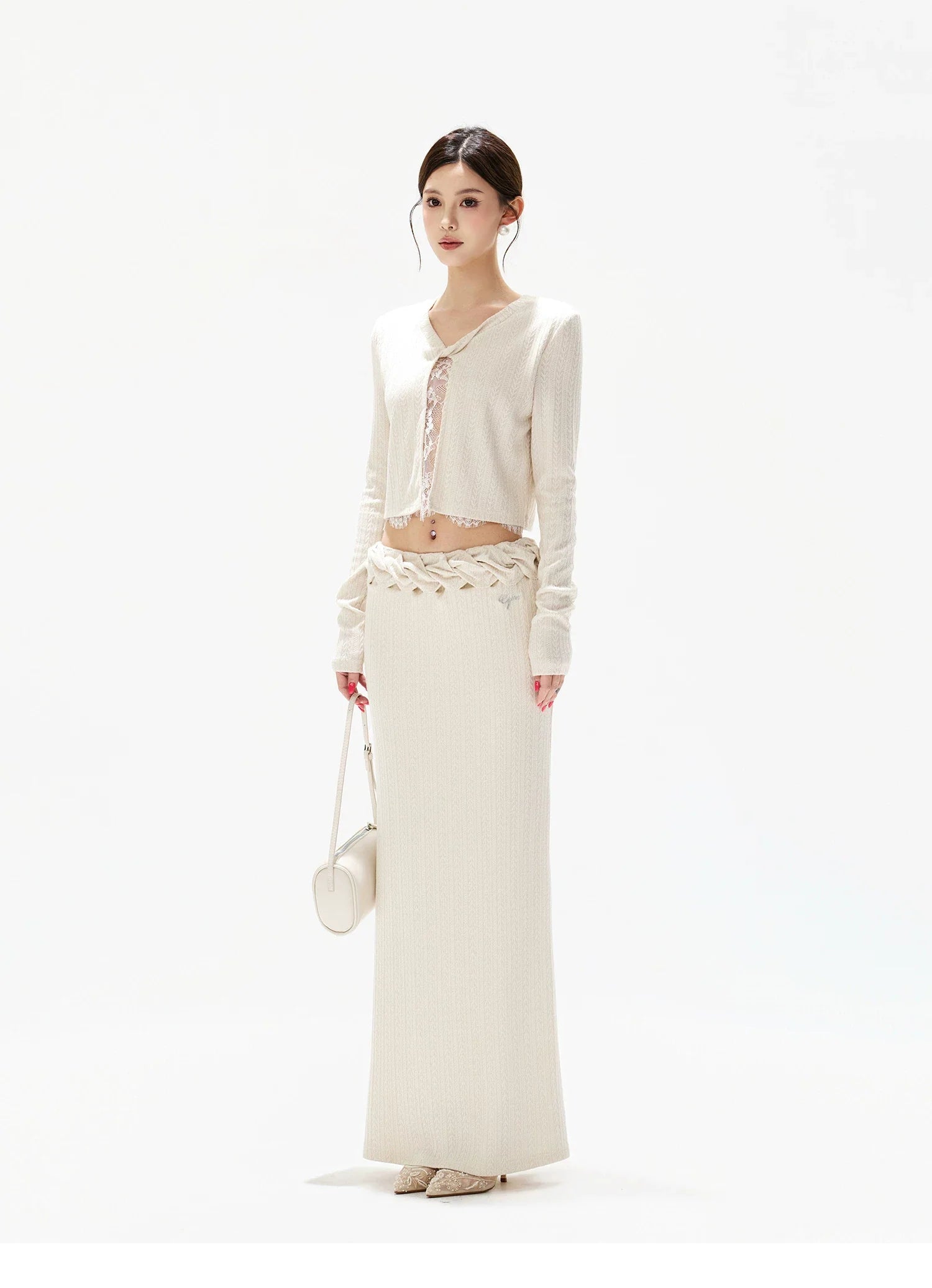Apricot Lace Panel Knit Two-Piece Set