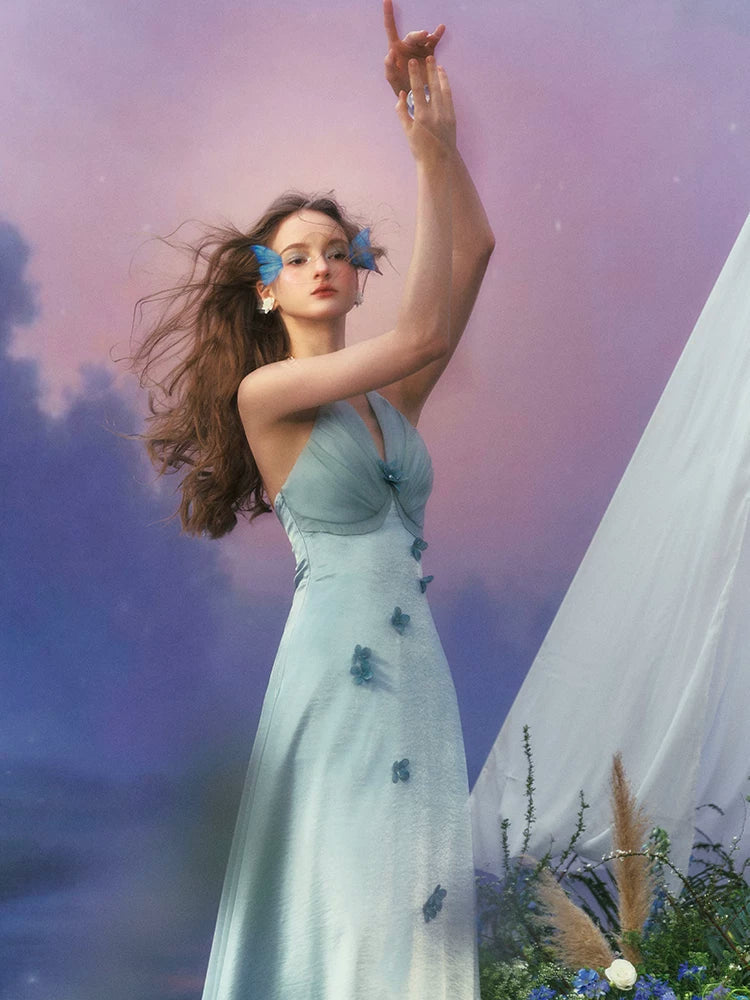 French Resort Halter Blue Floral Satin Dress