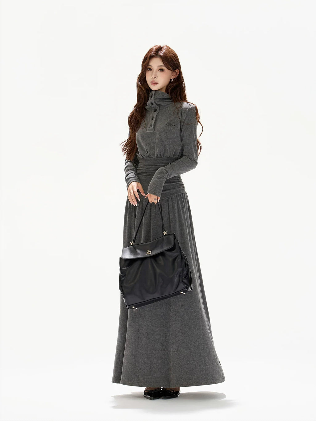 Pleated Waist-Defining A-Line Maxi Dress