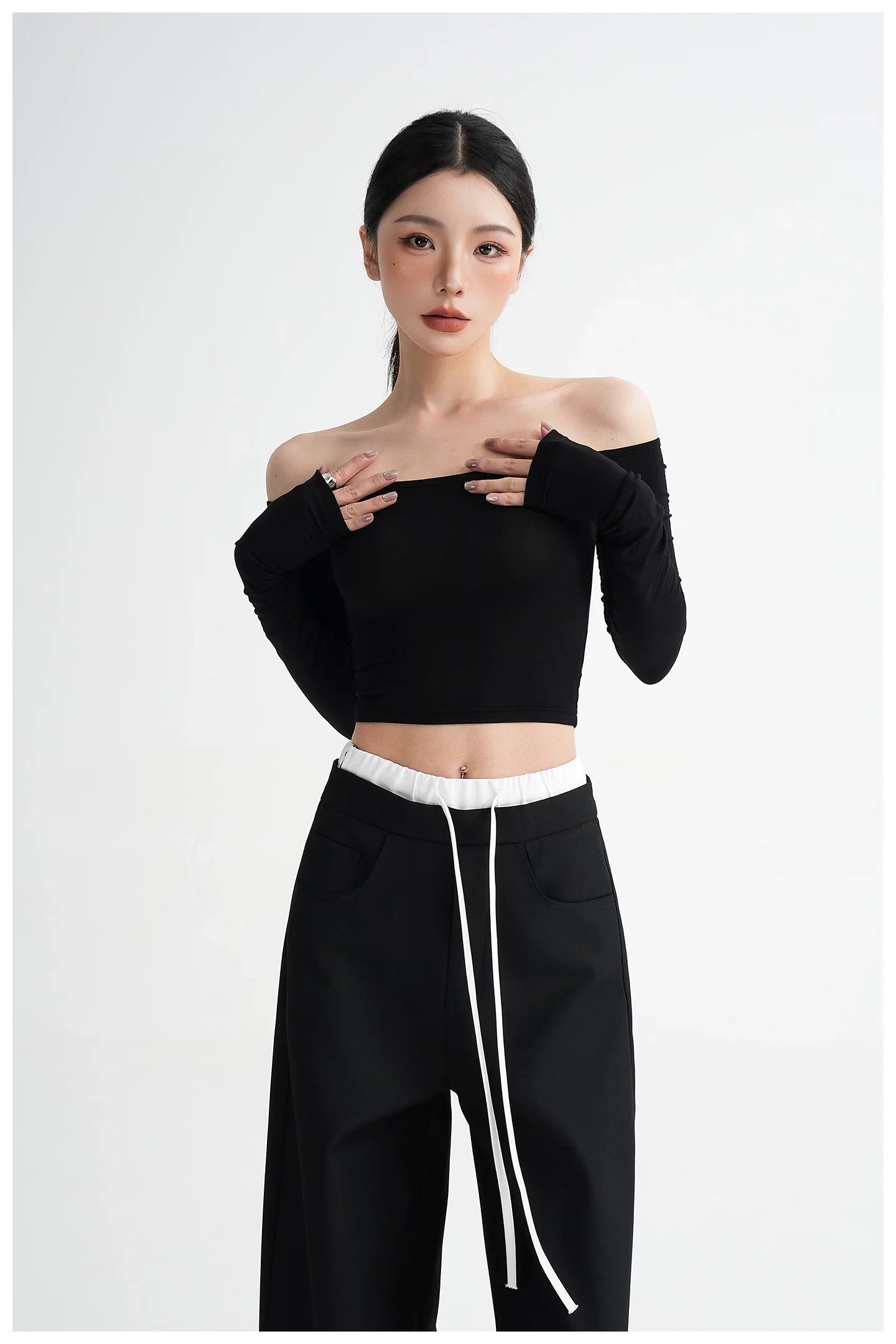 Off-Shoulder Cropped Fitted Long Sleeve T-Shirt