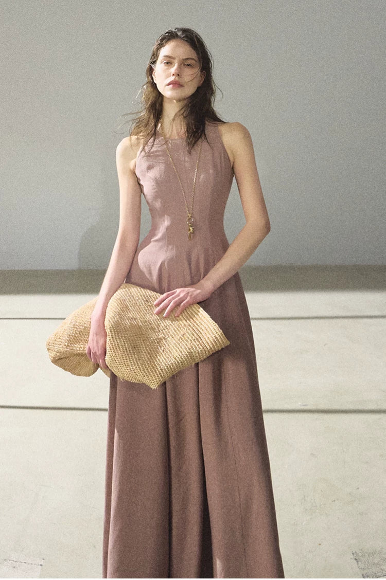 Golden Thread Linen-Blend Sleeveless A-Line Maxi Dress