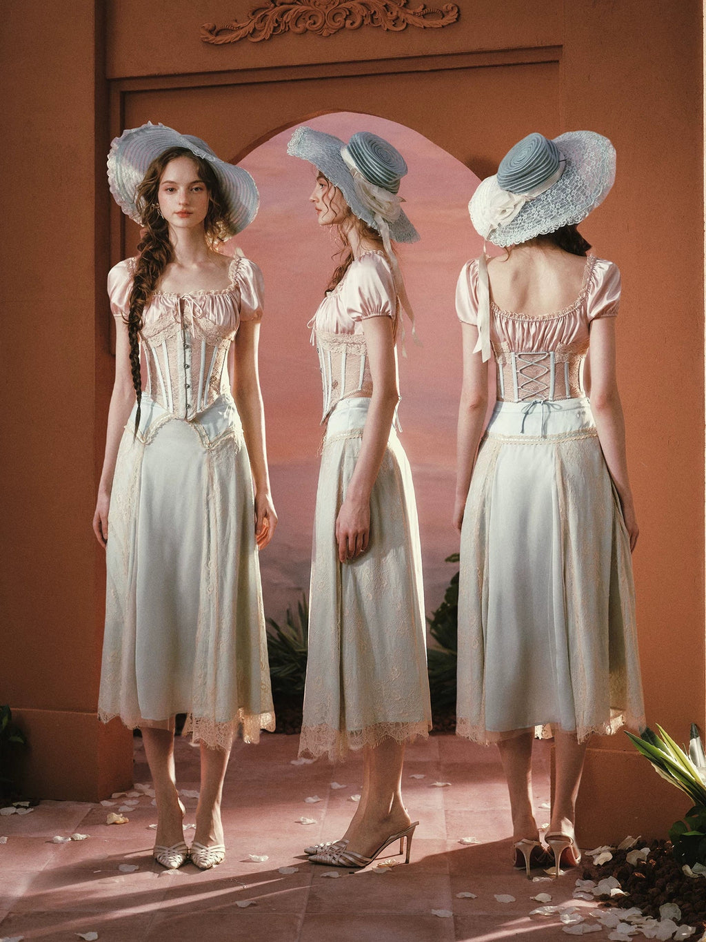 Blush Court Satin Corset Top & Midi Skirt Set