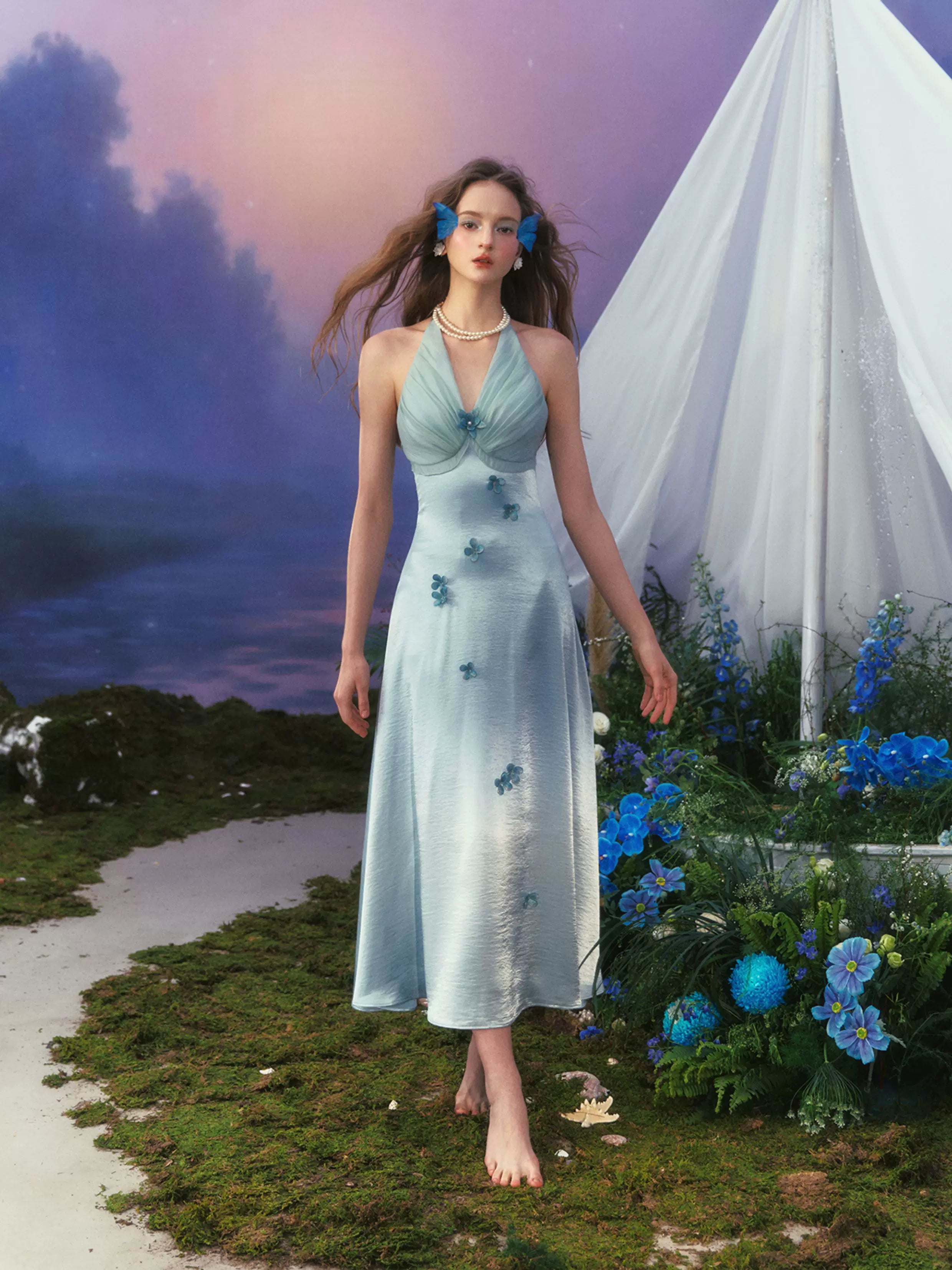 French Resort Halter Blue Floral Satin Dress