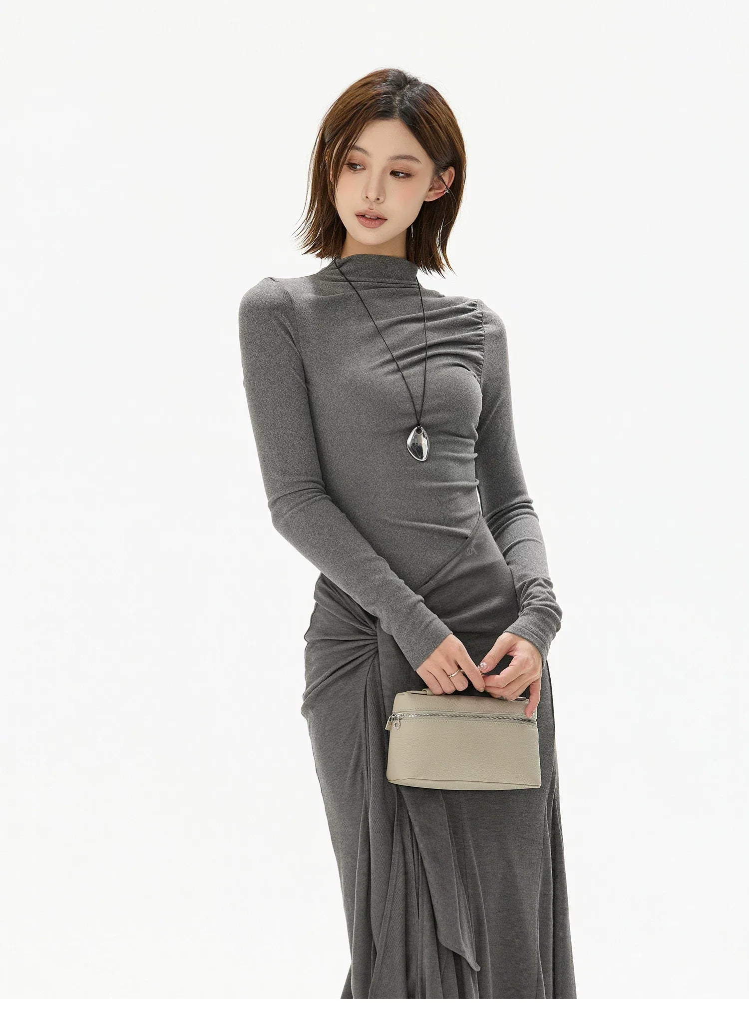Half-High Neck Tie-Detail Knit Maxi Dress