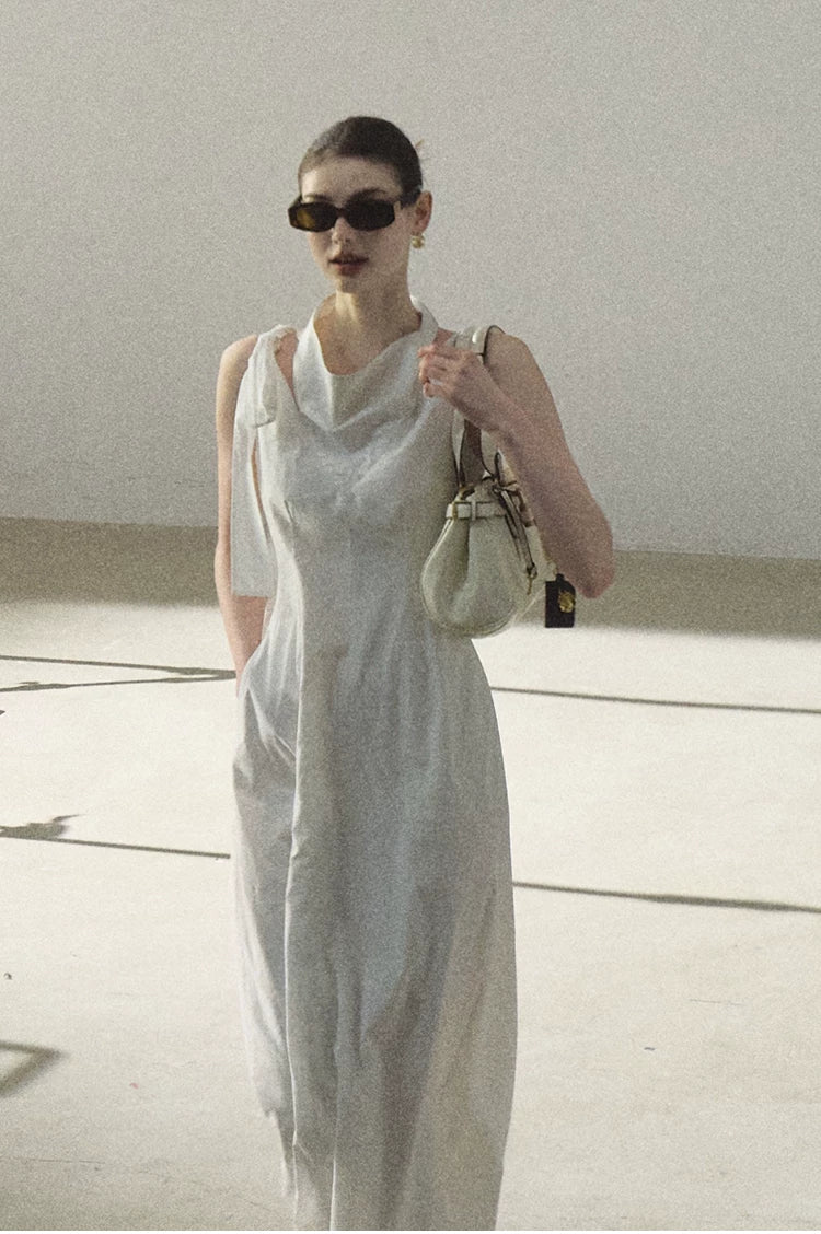 Halterneck Cotton Cinched-Waist Maxi Dress