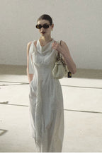 Halterneck Cotton Cinched-Waist Maxi Dress