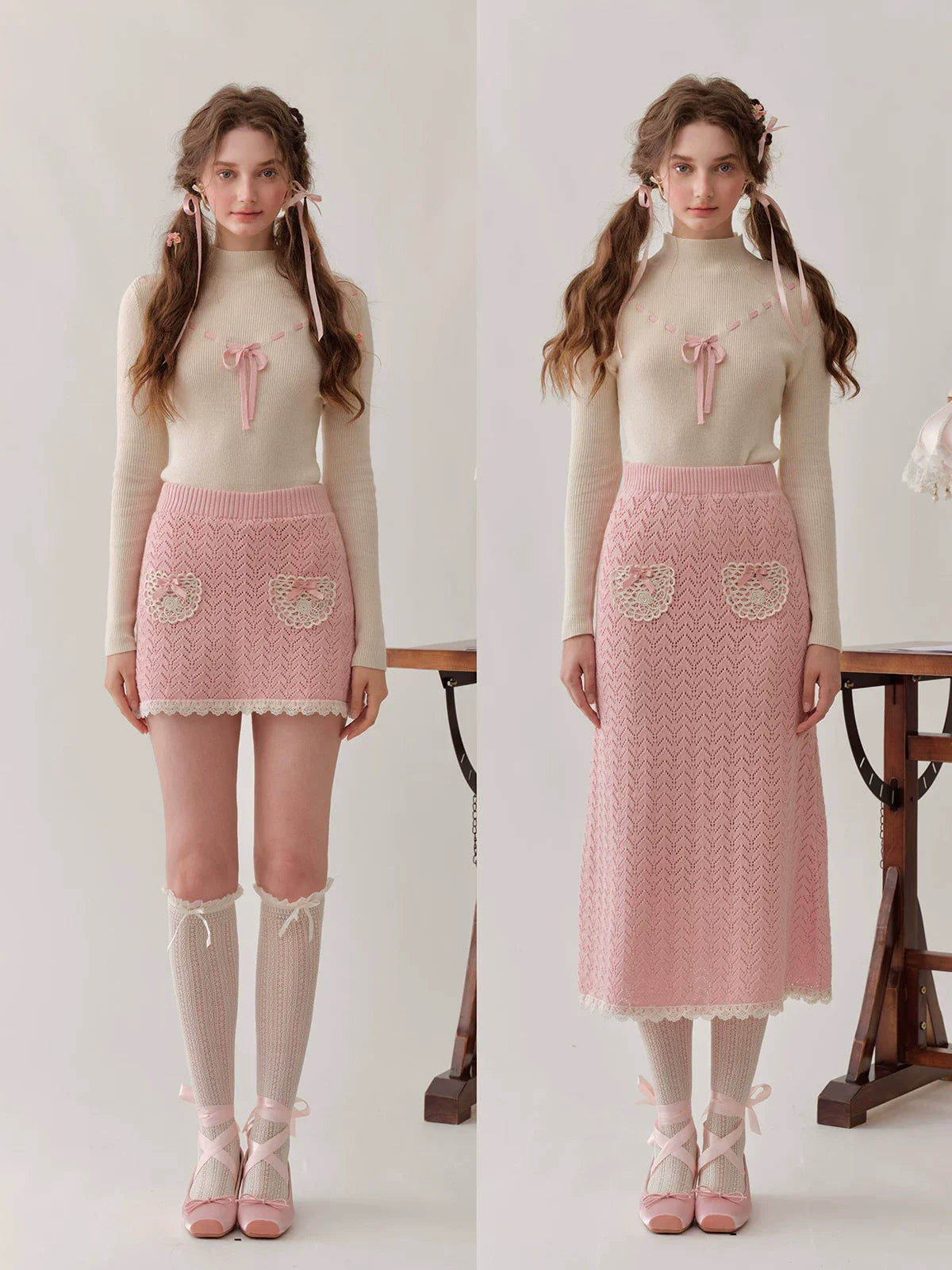 Collegiate White Mock-Neck Knit Top & Skirt Set