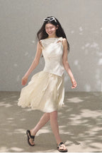 Asymmetric Ruffle Lace-Trim A-Line Midi Skirt