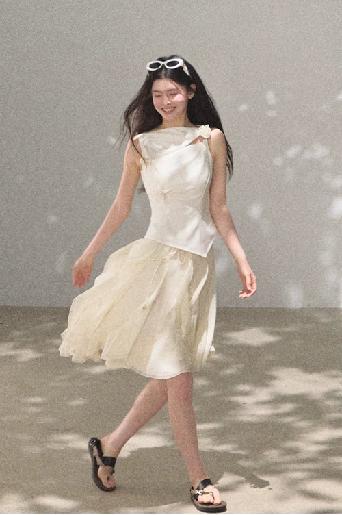 Asymmetric Ruffle Lace-Trim A-Line Midi Skirt