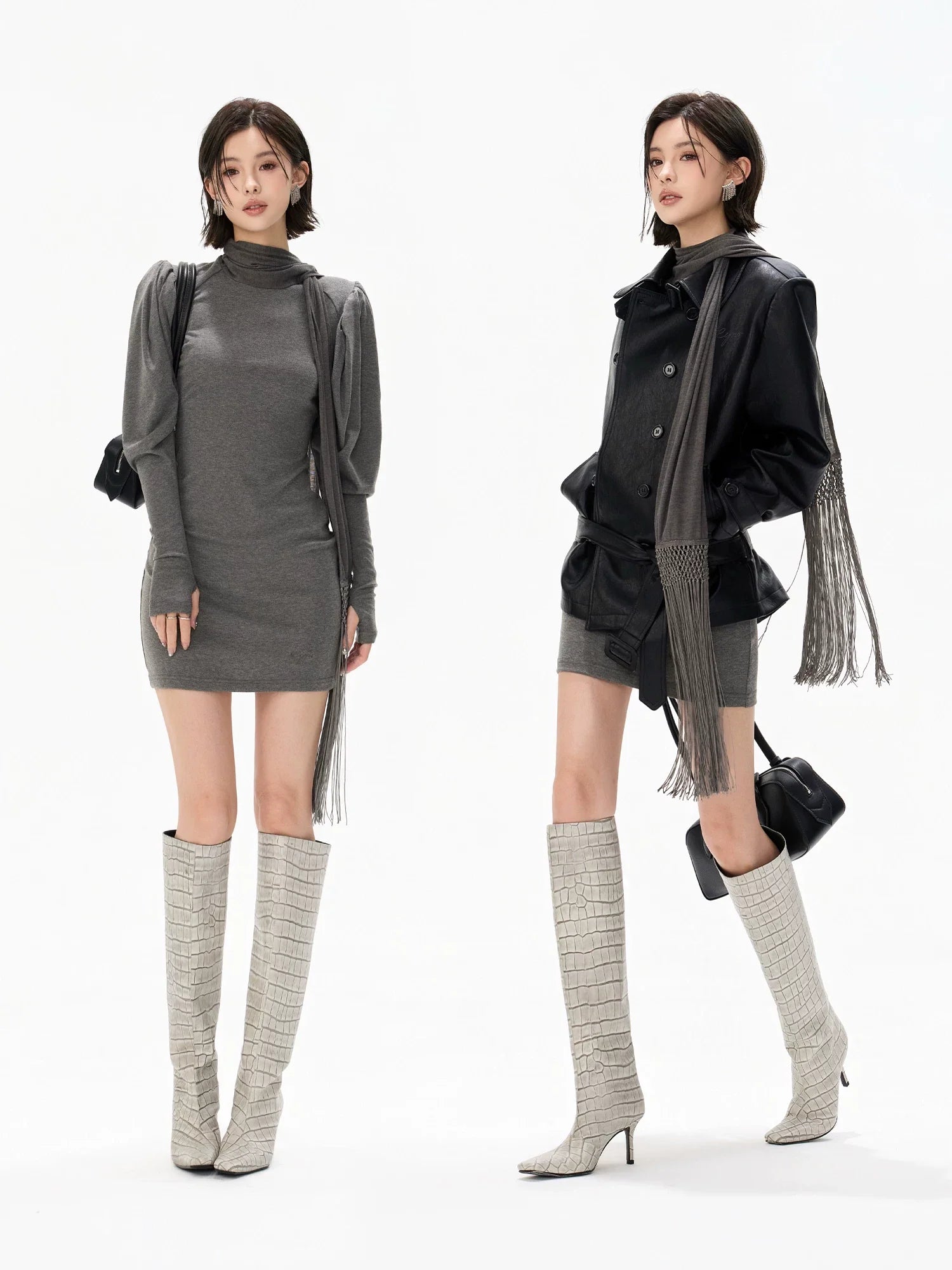 Minimalist Draped Turtleneck Knit Mini Dress with Tassel Ties