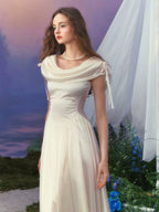 White French Court-Style Draped-Neck Dress