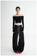Off-Shoulder Cropped Fitted Long Sleeve T-Shirt