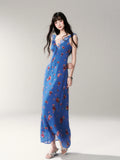 Blue Rose V-Neck Resort Maxi Dress