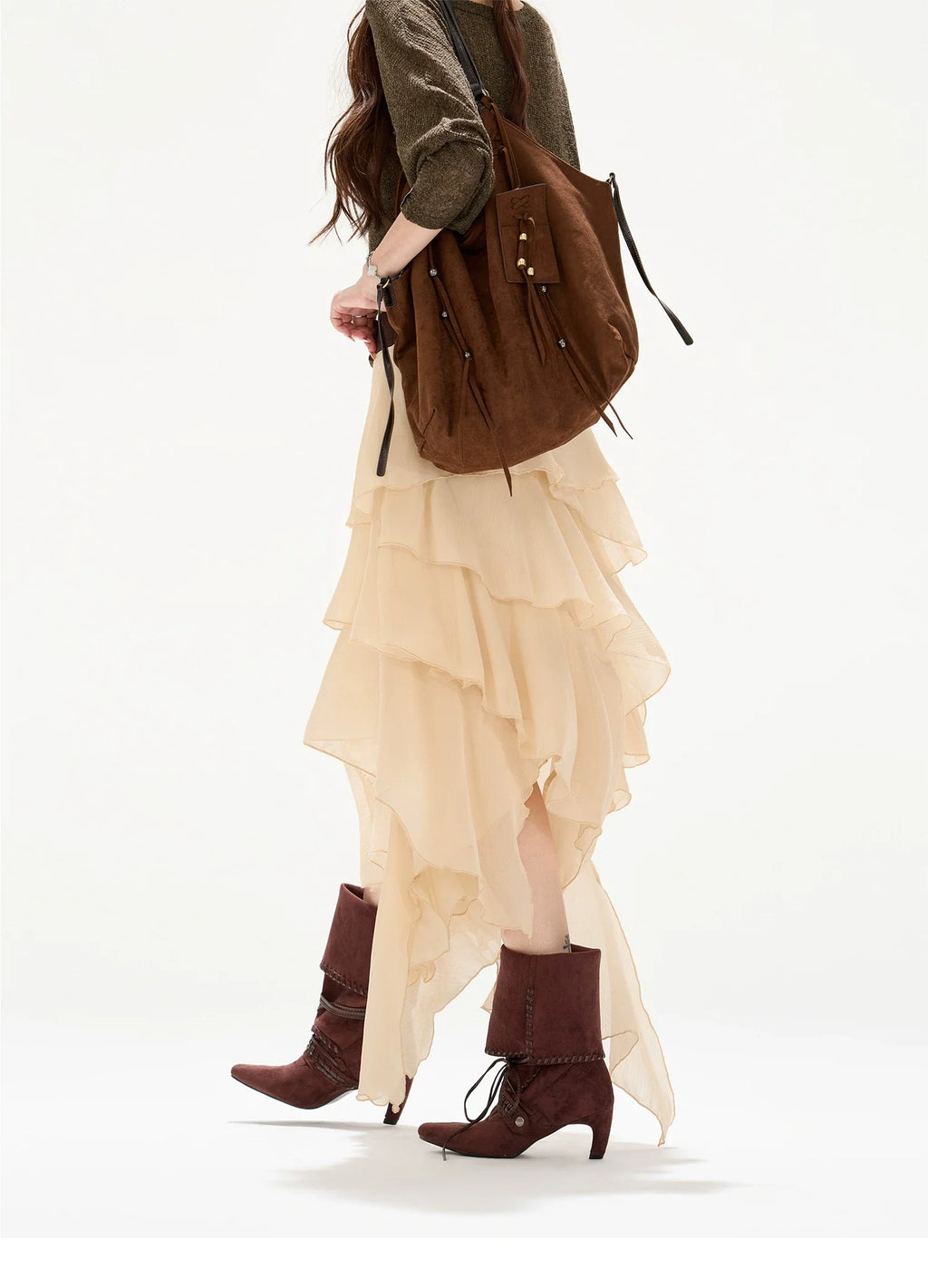 Faux-Belt Tiered Chiffon Maxi Skirt