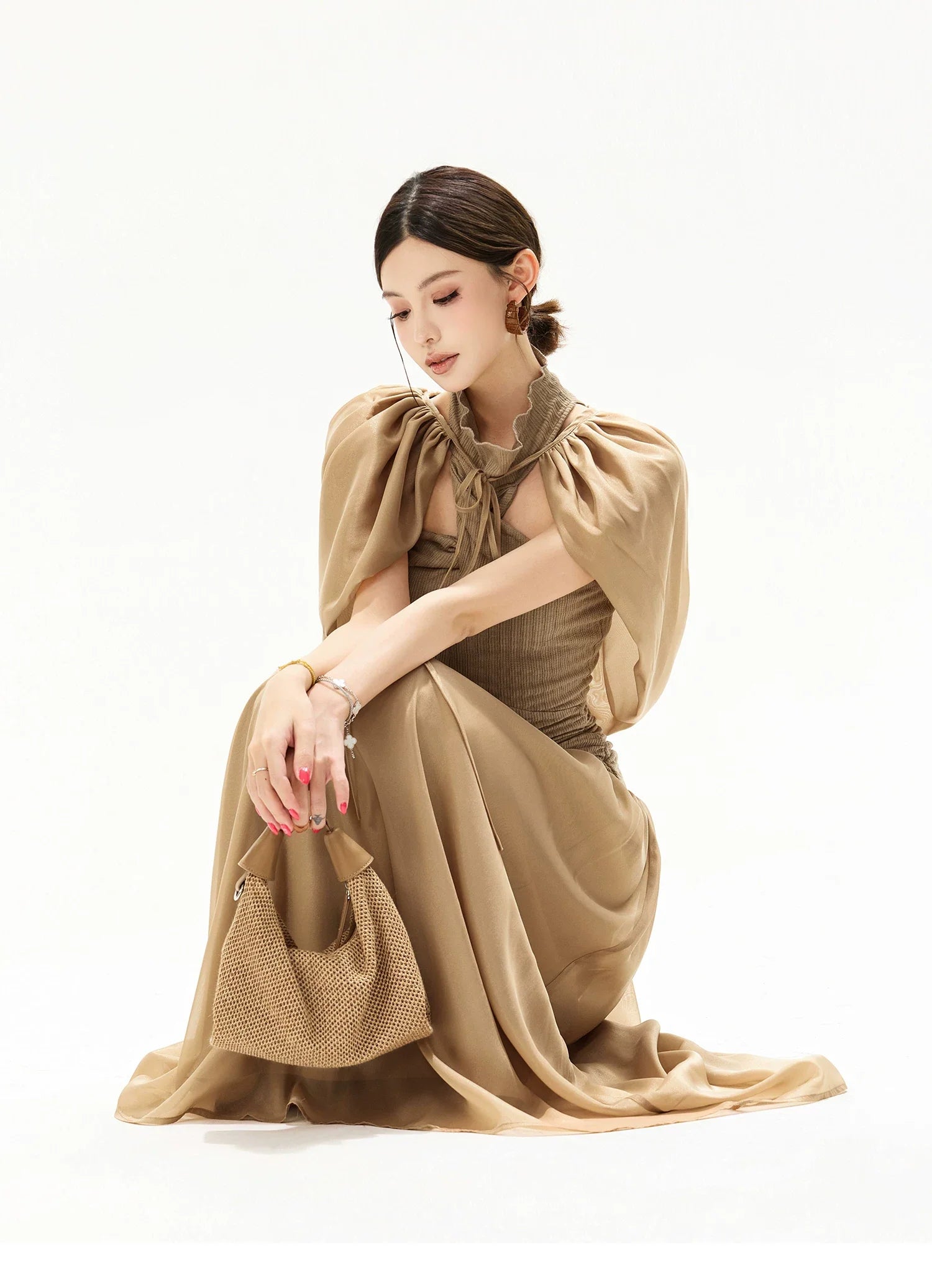 French Court Halter Draped Knit Maxi Dress