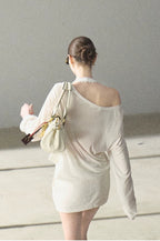 Asymmetric Wool-Modal Lightweight Off-Shoulder Knit T-shirt