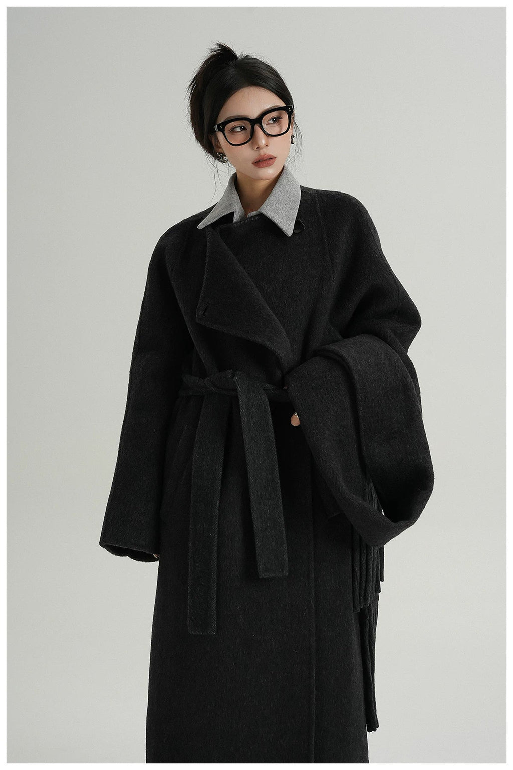 Fringe-Detail Wool Scarf-Style Long Coat