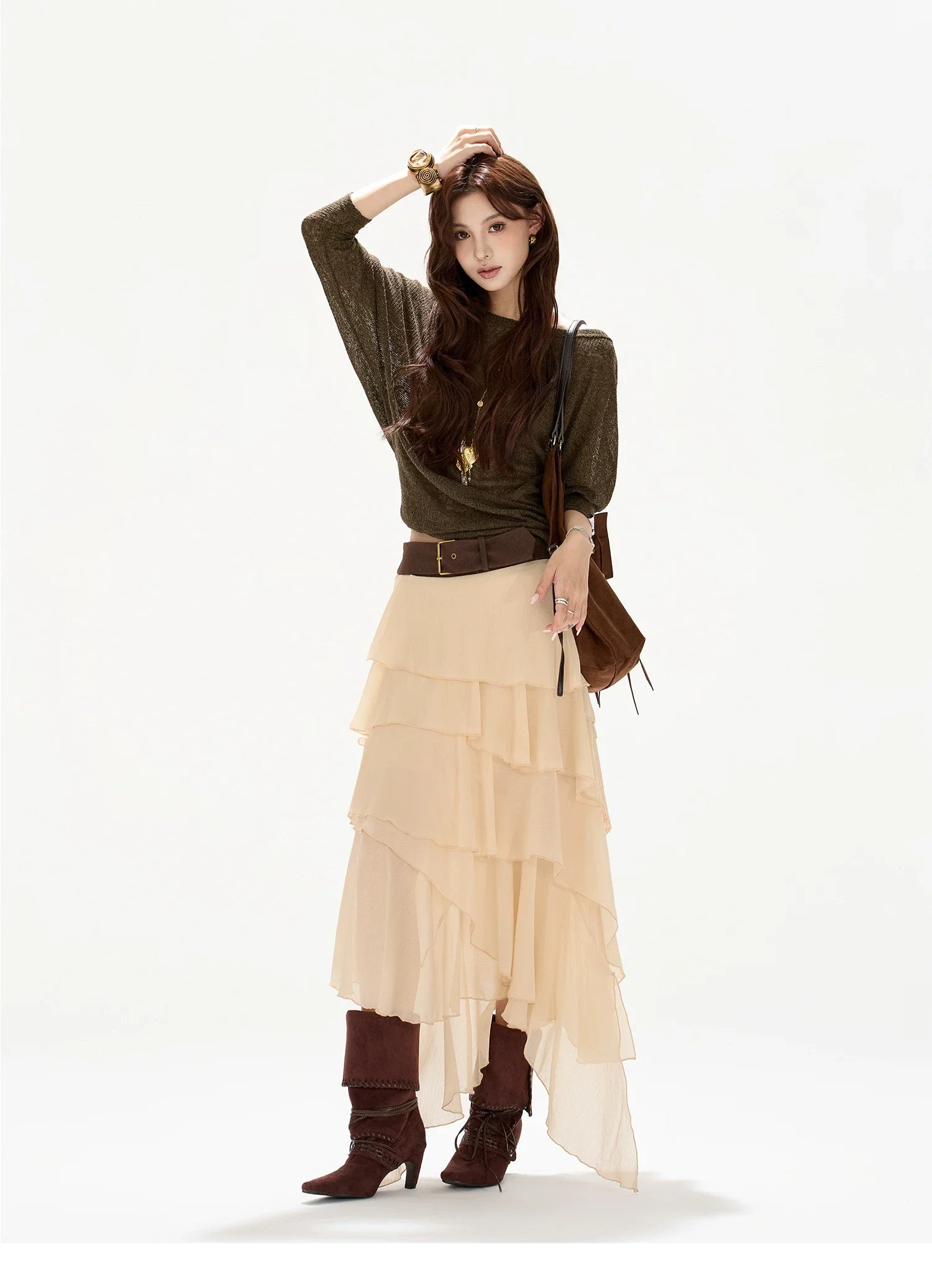 Faux-Belt Tiered Chiffon Maxi Skirt