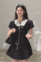 Detachable Crocheted Peter Pan Collar Cinched-Waist Mini Dress