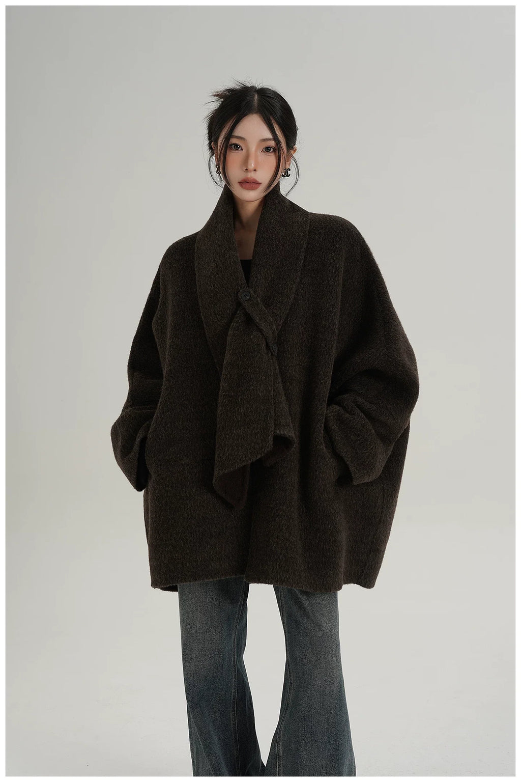 Scarf-Detail Mid-Length Wool Jacket