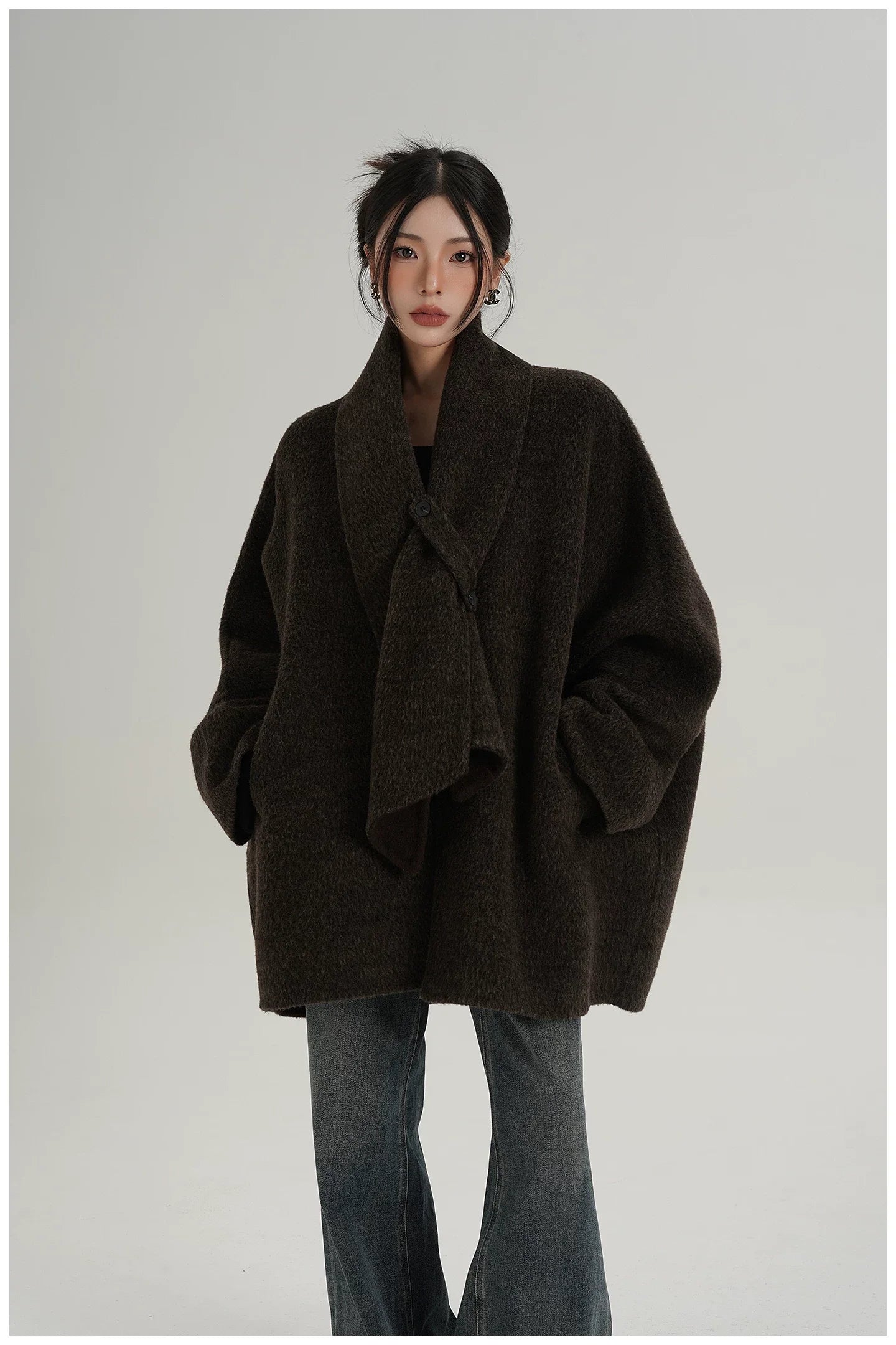 Scarf-Detail Mid-Length Wool Jacket