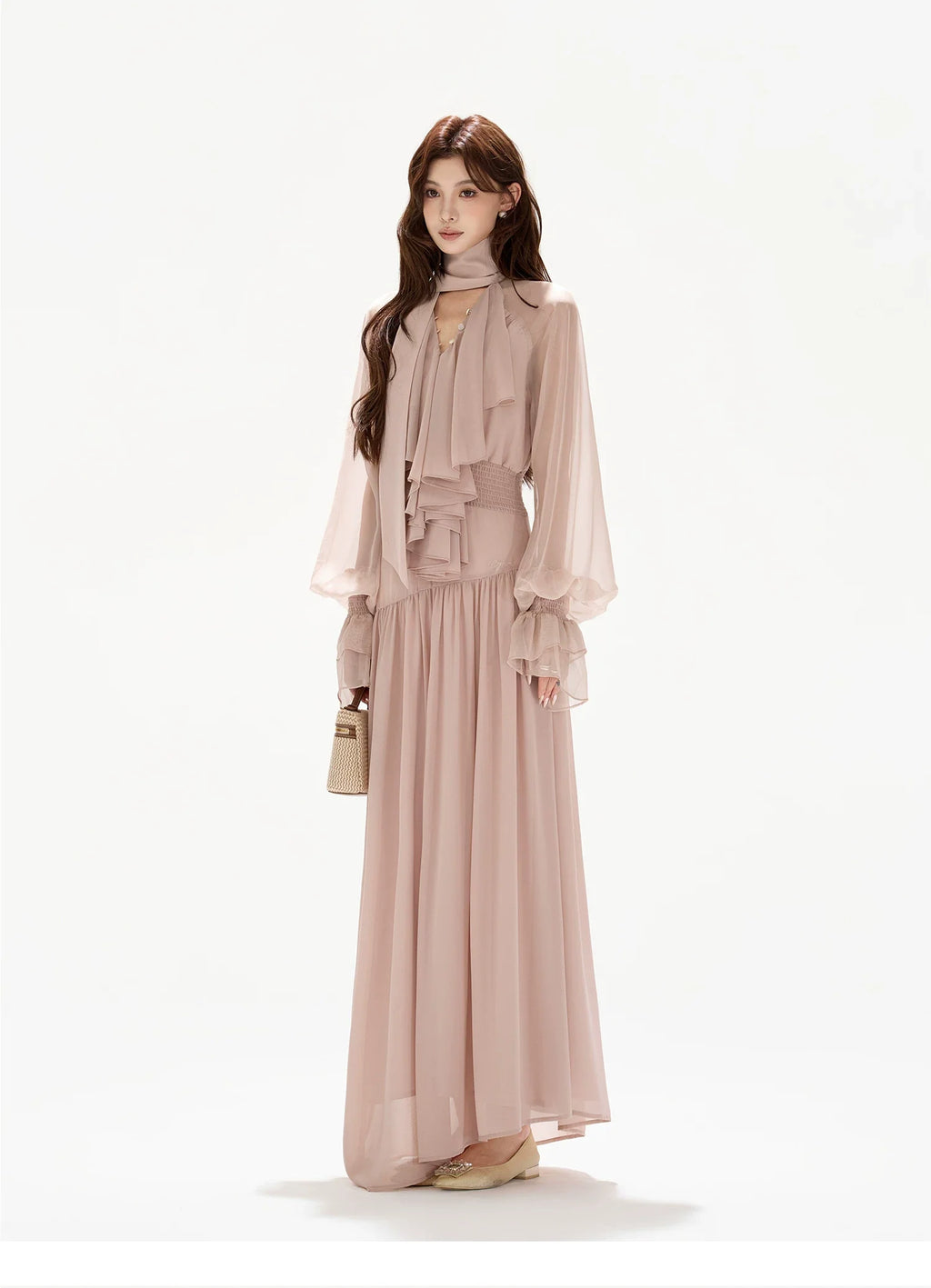 V-Neck Lantern Sleeve Maxi Dress